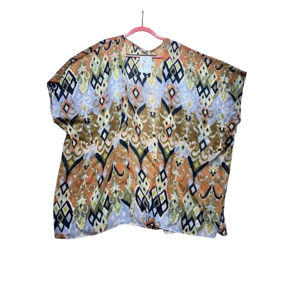 First Love by Lovely J Women 3X Kimono Cardigan Ikat Geometric Orange Blue
